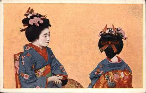 Beautiful Geisha Women Kimonos Flowers in Hair c1920 Postcard