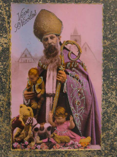 French Christmas Cleric Santa Claus Tinted Glitter Real Photo Postcard myn