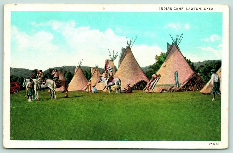 Lawton Oklahoma~Native Americana Camp Tepees~Indians on Horseback~1930 Postcard 