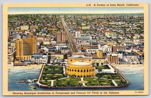 Municipal Auditorium In Foreground & Oil Fields Long Beach California Postcard