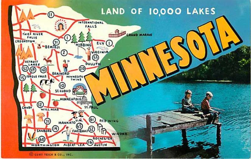 Minnesota MN Land of 10,000 Lakes Map Chrome Postcard United States