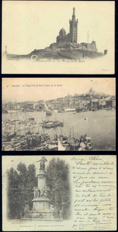 france, MARSEILLE, 3 Old Postcards, Old Harbour, Church