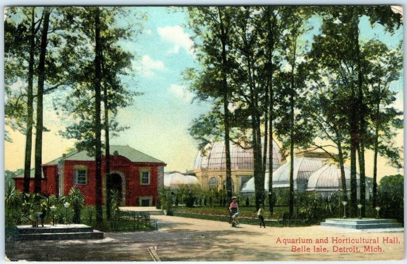 1909 Belle Isle, Detroit, Mich. Litho Photo Aquarium Horticultural Postcard A33