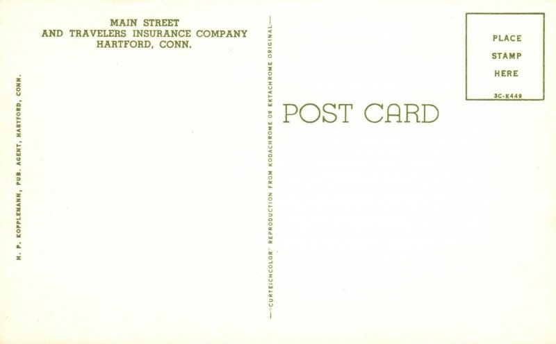 Vintage Postcard Main St. Traveler's Insurance Company Hartford Connecticut CT