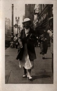 RPPC Real Photo Postcard - Lady Walking the City Streets