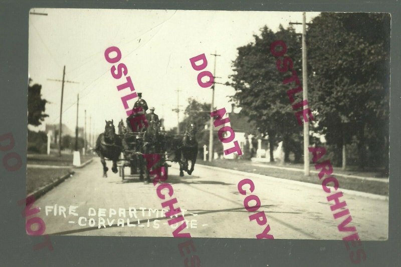 Corvallis OREGON RPPC c1910 FIRE DEPARTMENT Firewagon FIREMEN RACING DOWN STREET