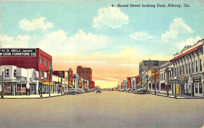 Albany GA Broad Street Store Fronts Old Cars Postcard