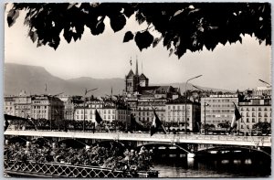 Geneve Pont du Mont-Blanc et Cathedrale de St. Pierre Real Photo RPPC Postcard