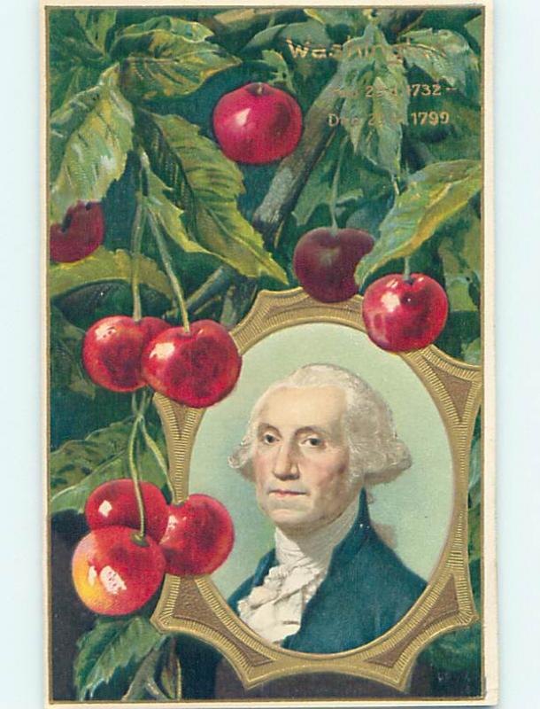 Pre-Linen patriotic GEORGE WASHINGTON & EMBOSSED DETAILED LARGE CHERRIES HJ2953