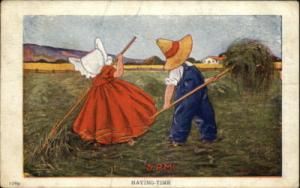 SUNBONNET GIRL & Farmer Haying c1910 Postcard