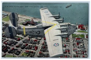 US Navy Flying Boat Over Civic Center San Diego California CA Vintage Postcard