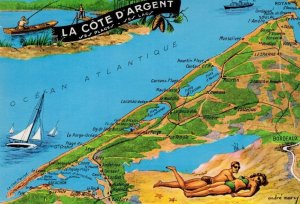 La Cote d'Argent Plages Map Postcard French Postcard