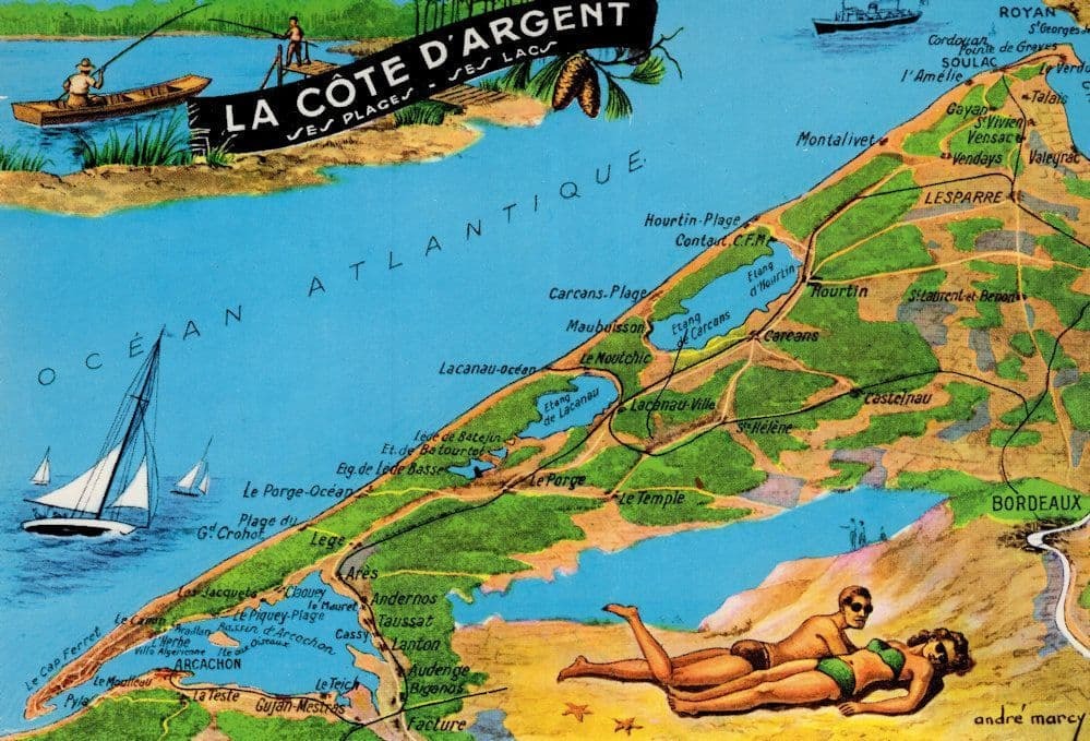 La Cote d'Argent Plages Map Postcard French Postcard Europe France