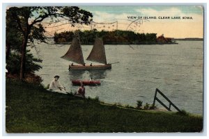 1919 Boating Scene View of Island Clear Lake Iowa IA Antique Postcard