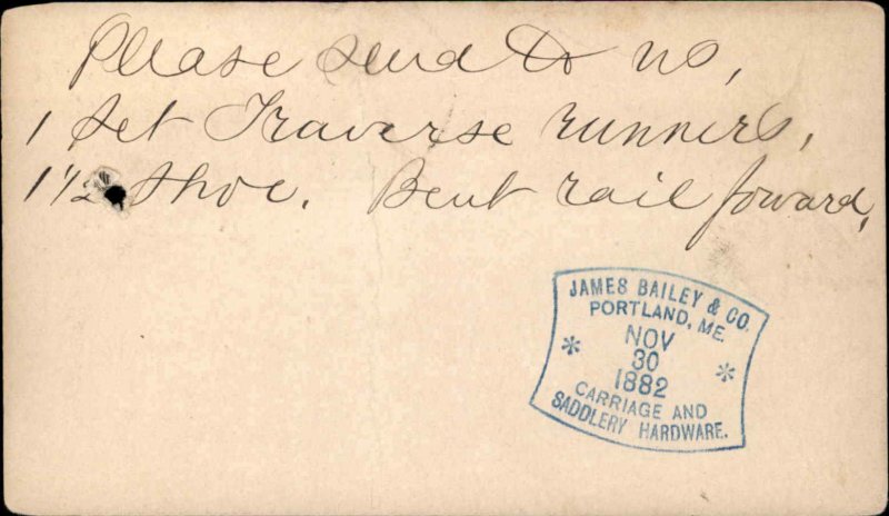 Portland ME Large M Postal Card Cancel James Bailey Co Carriage Saddles 1882