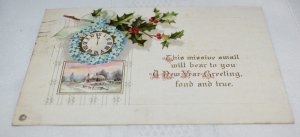 New Year Greetings Clock Blue Flowers Postcard Made in USA Series 341 E