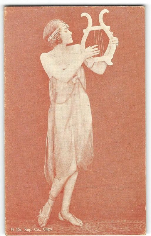 Woman Playing Harp Greek Costume? Pin-Up Girl c1920s Risque Vintage Arcade Card