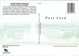 VINTAGE CONTINENTAL SIZE POSTCARD THE END OF THE THREE RIVERS STADIUM 1970-2001