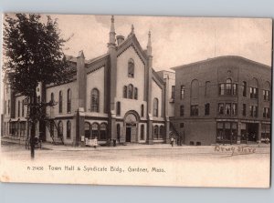 c1905 Town Hall Syndicate & Drug Store Gardner Massachusetts MA Rotograph UDB