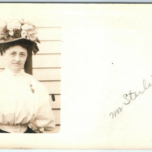 c1910 Sterling, Illinois Woman w/ Flower Hat Corset RPPC Real Photo Postcard A36