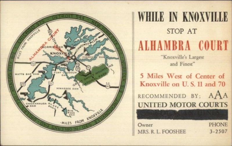 Knoxville VA Alhambra Court Advert Nice Area MAP c1940 Postcard