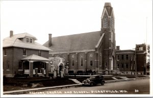 Real Photo Postcard Rectory, Church and School in Dickeyville, Wisconsin