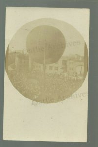 RP c1910 BALLOON LAUNCH Big Crowd Main Street ASCENSION Airship