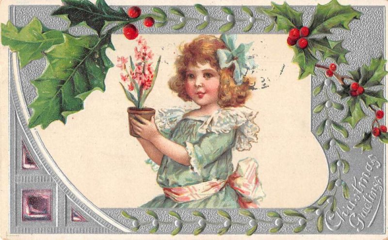 Christmas Greetings Girl with Flowers Brundage Vintage Postcard AA41338