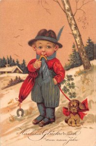 New Year Greetings German Boy with Dog and Clovers Vintage Postcard AA41882