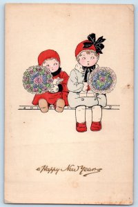 c1910's New Years Children With Flowers Bouquet Embossed Antique Postcard