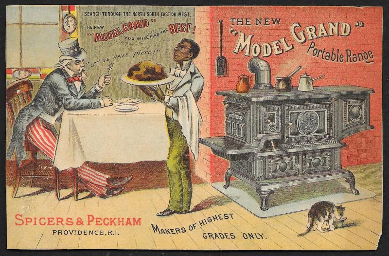 VICTORIAN TRADE CARD Model Grand Range Black Waiter Serving Uncle Sam Dinner Cat