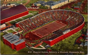 Linen Postcard Aerial Memorial Stadium University of Minnesota in Minneapolis