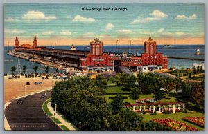 Postcard Chicago IL c1940s Navy Pier Old Cars Exhibition Hall Linen