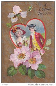 VALENTINE'S DAY; A Loving Thought, Couple in Heart shaped frame, Pink Flowers...