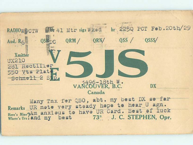 1920s QSL RADIO CARD Vancouver British Columbia BC AH3141