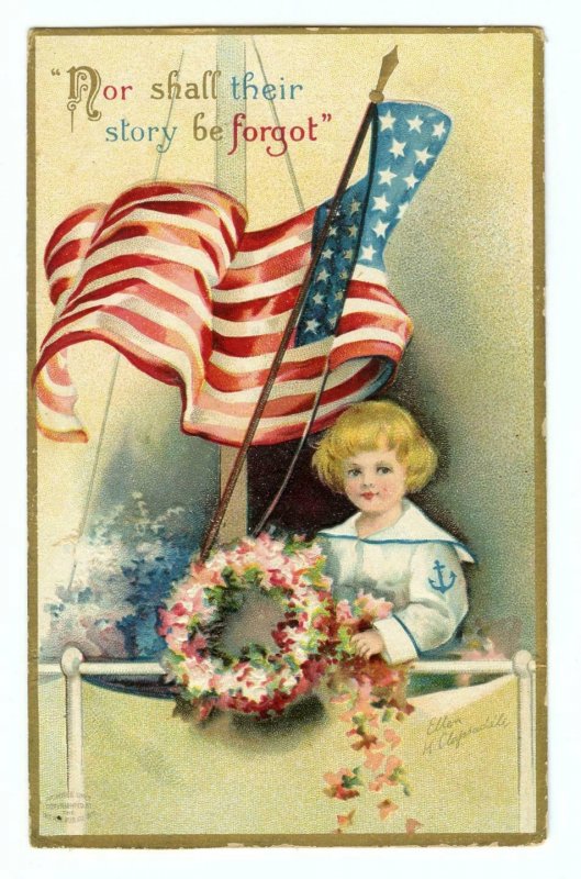 MEMORIAL DAY*PATRIOTIC*AMERICAN FLAG*WREATH**ELLEN CLAPSADDLE*ANTIQUE POSTCARD