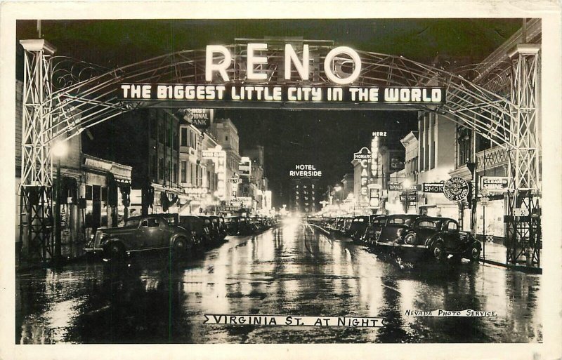 Postcard RPPC 1930s Nevada Reno arch at night automobiles 23-11817