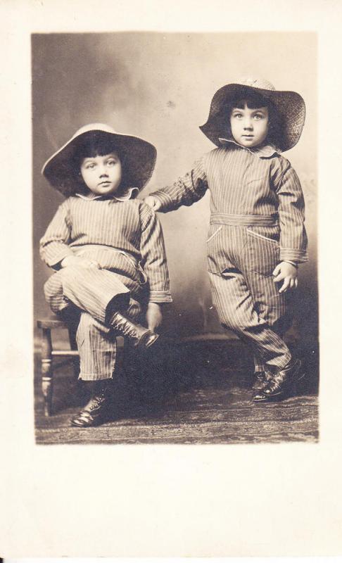 A Charming Pair of Twins in Coveralls - Real Photo