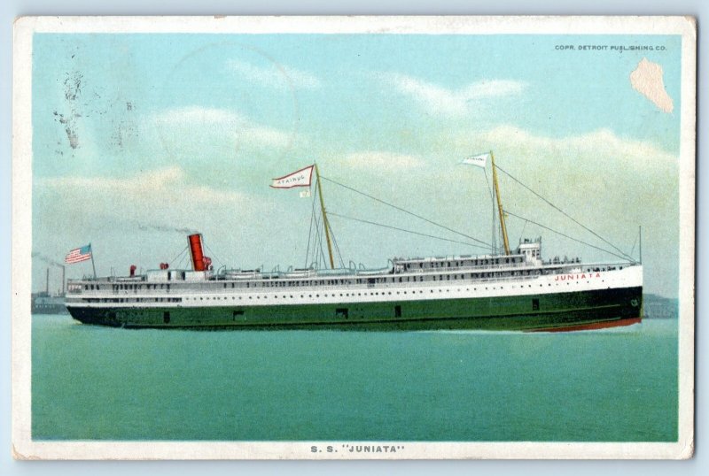 c1921 Mackinac Island Michigan Vintage Postcard Steamer Steamship Juniata Posted