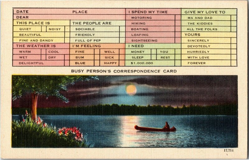 Busy Person's Correspondence Card Unused Vintage Postcard E17