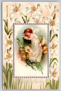 A Joyful Easter, Angel Smelling Daisies, Lilies, Antique 1909 Embossed Postcard