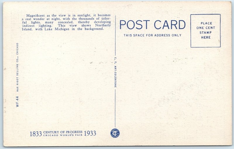 c1930s Chicago, IL Hall Science World Fair Linen Postcard Night Lake Light A92