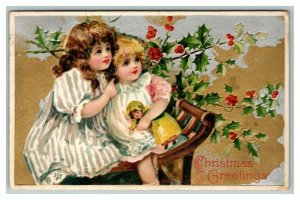 Vintage 1909 Winsch Christmas Postcard Cute Children Mistletoe Holly Berries