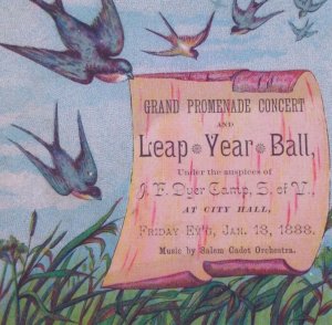 1888 Salem Cadet Orchestra Concert Leap Year Ball Dyer Camp Ticket Card