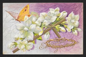 Eastertide Greetings Cross Flowers & Butterfly Used c1910s