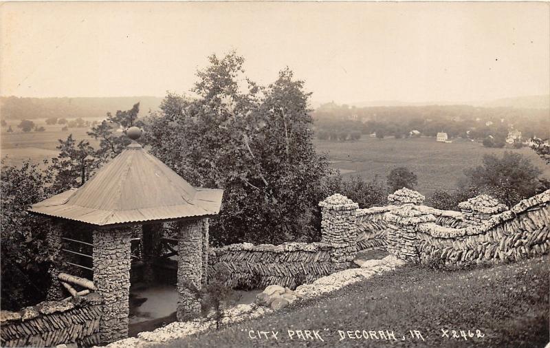 Decorah Iowa~City Park~Gazebo & Walls of Unique Stone Pattern~Farmland~1922 RPPC