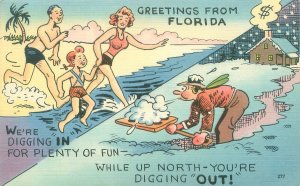 Florida Humorous Greetings  Linen Postcard Digging in Fun/Diggging Out of Snow