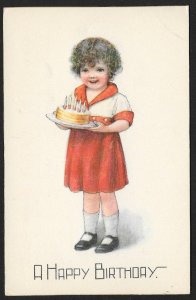 A Happy Birthday Girl In Red Dress With Cake Unused c1920s