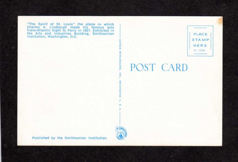 DC Spirit St Louis Charles Lindbergh Smithsonian Museum Washington Postcard