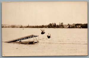 Postcard RPPC c1940s Crystal Lake Ontario Kids Jumping off Ramp Swimming